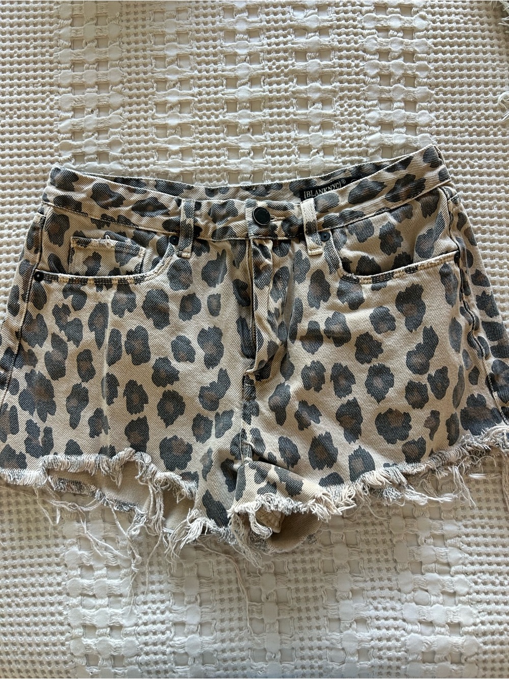 Blank NYC Leopard-Print Frayed Hem Denim Shorts in Beige and Black